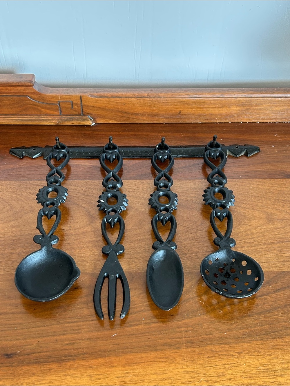 Vintage Decorama Style Black Cast Iron Kitchen Wall Decor Utensil Set